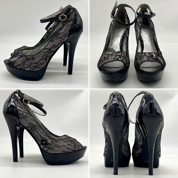 Guess Black And White Lace Platform Stilettos With Ankle Straps Size 7.5 - Picture 1 of 10
